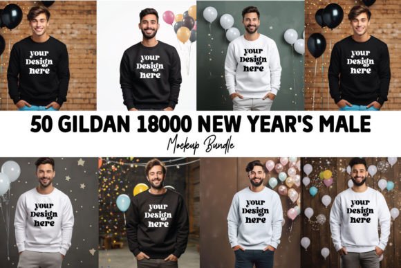 Gildan 18000 New Year's Male Mockup Graphics for Hoodies Sweatshirts