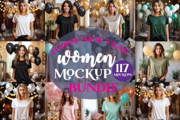 Happy New Year Woman Mockup Bundle: Graphics for T-Shirts